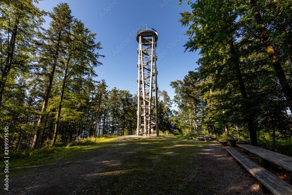 Urenkopf lookout tower on a mountaintop of the Black Forest near Haslach, Germany