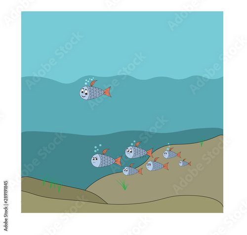 Happy fish swimming away from a pack of sullen and angry fish. Positive thinking. Underwater characters are drawn by hand as a concept of life in society.