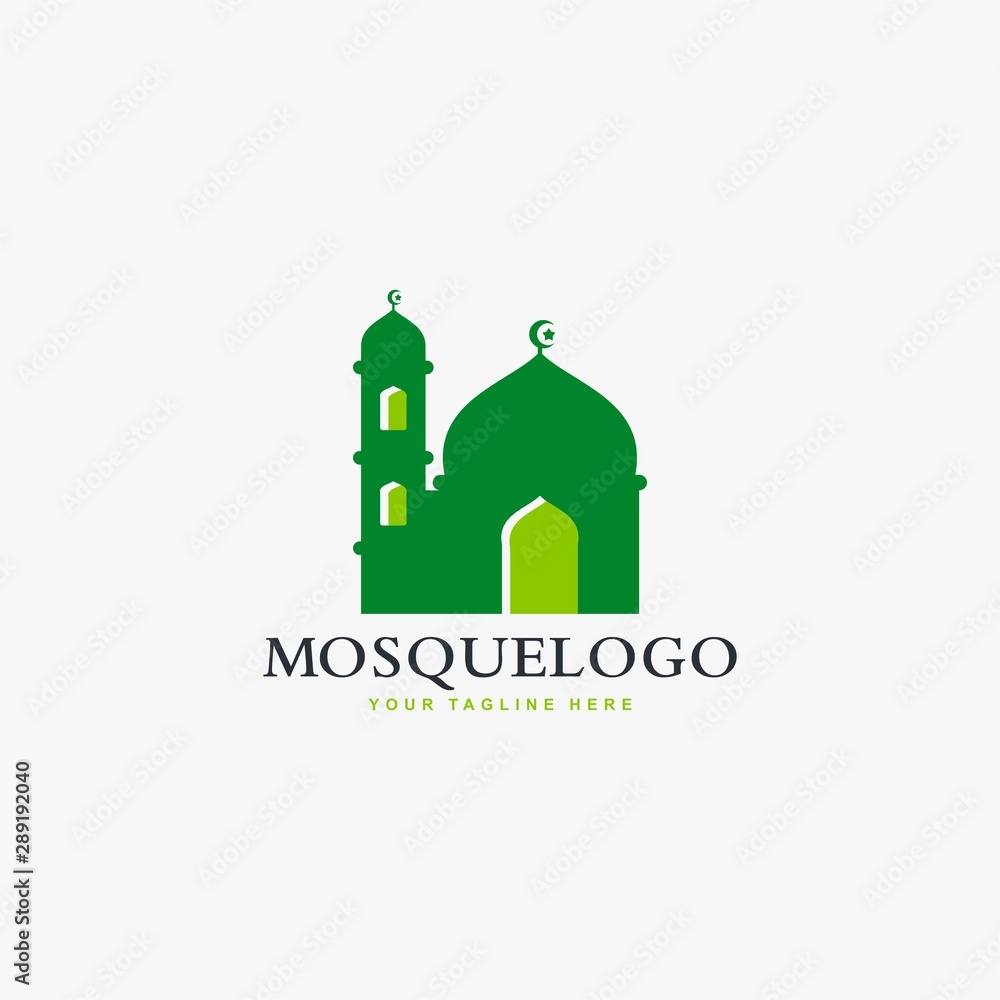 Mosque logo design vector. Islamic building illustration. Home for pray sign vector. Green color design.