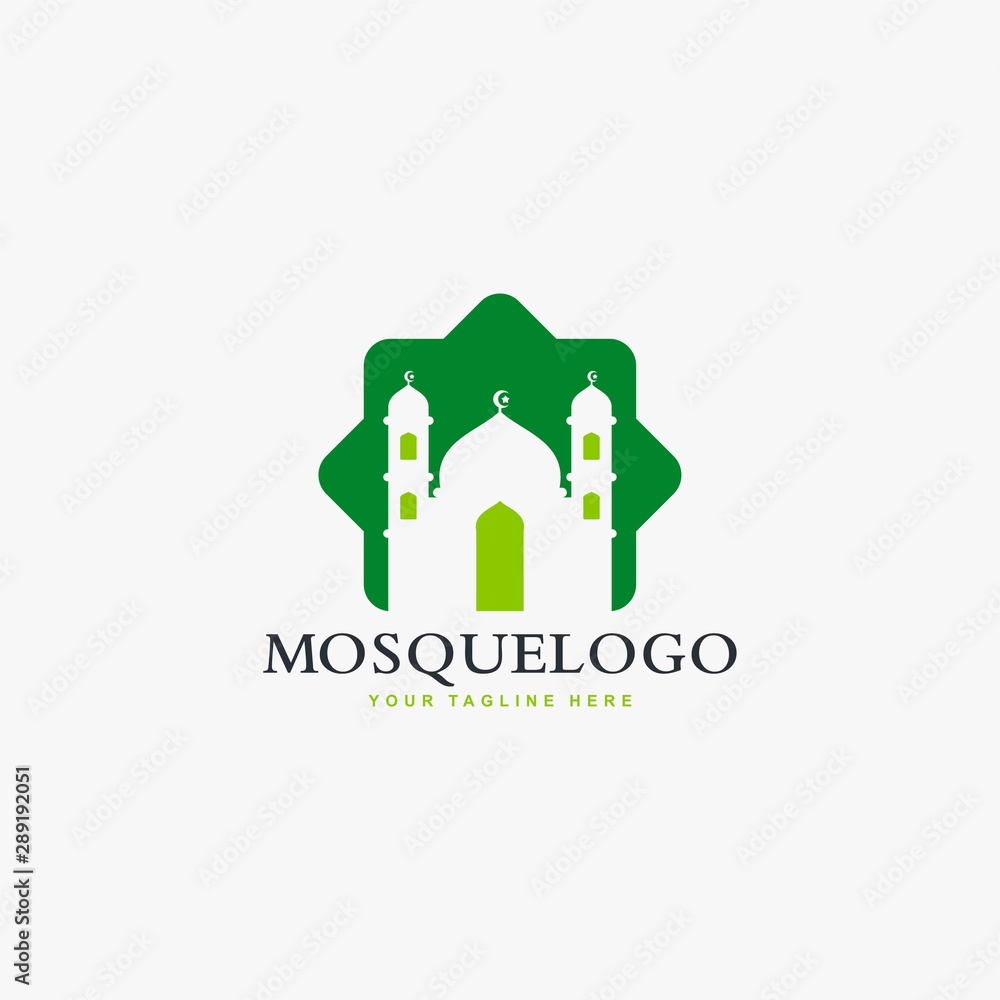 Mosque logo design vector. Islamic building illustration. Home for pray sign vector. Green color design. Mosque logo design vector. Islamic building illustration. Home for pray sign vector. Green color design.