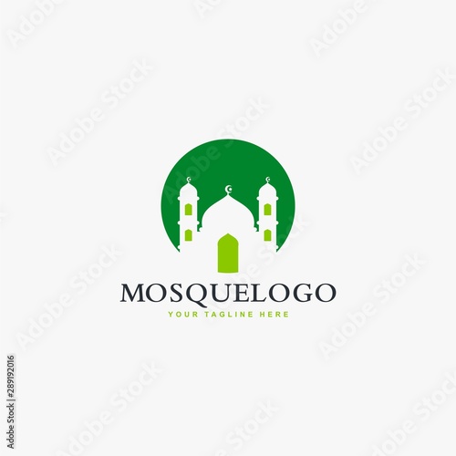 Mosque logo design vector. Islamic building illustration. Home for pray sign vector. Green color design.