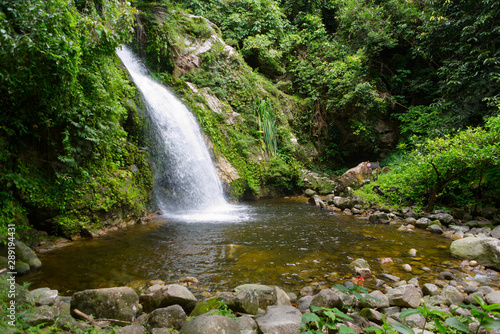 Datfa waterfall. Stream of water fall to a little pond flowing through rocks and bolder in a lush green tropical jungle full of trees. Tai rom Yen National Park, Surat Thani, Thailand.