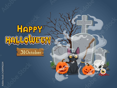 Halloween banners with text and characters. Concept cartoon Halloween elements. Vector clipart illustration on color background