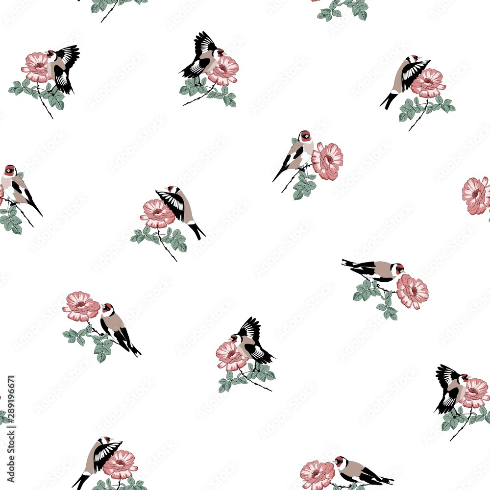 Birds and flowers on white background seamless print for fabric. Goldfinches and rose.