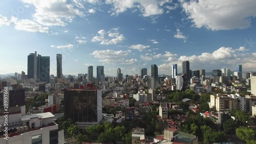 Aerial panoramic view of the skyline in Reforma Avenue, in Mexico City, on a clear day with blue sky. Drone slowly flying forward