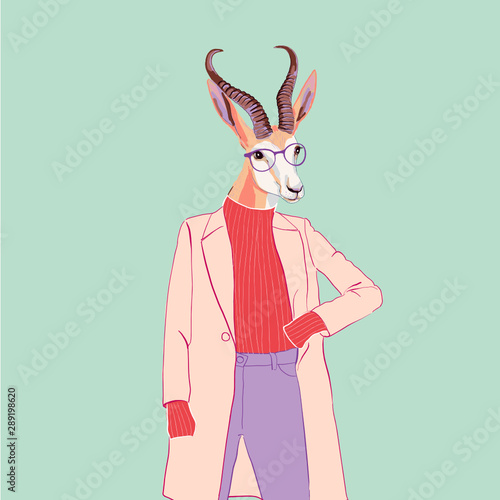 Fashion illustration of a girl with antelope head