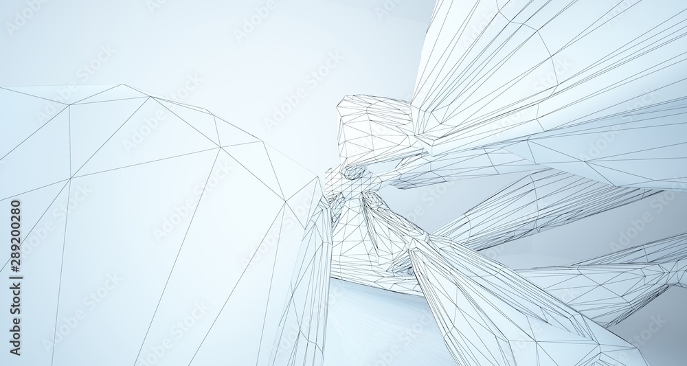 Fototapeta premium Drawing abstract architectural white interior of a minimalist house with large windows. 3D illustration and rendering.