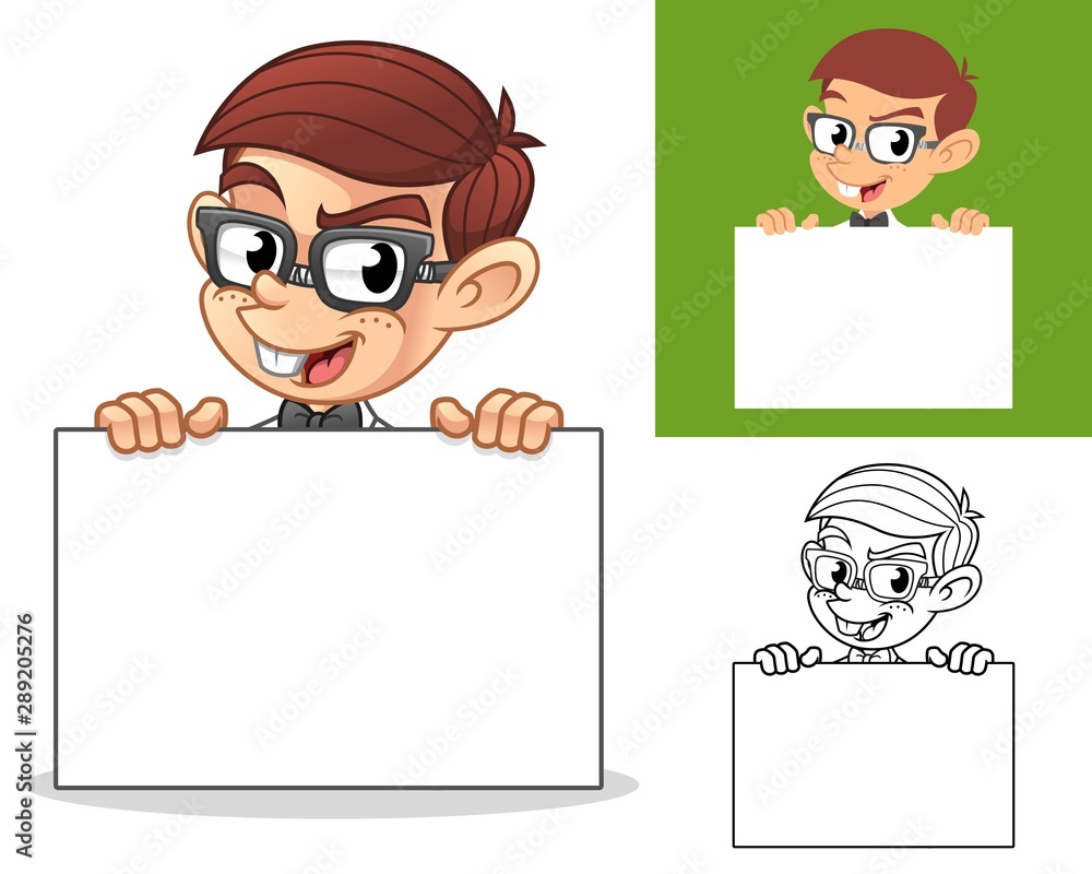 Happy Geek Boy Holding Blank Board Cartoon Character Mascot Illustration, Including Flat and Black and White Designs, Vector Illustration, in Isolated White Background. Happy Geek Boy Holding Blank Board Cartoon Character Mascot Illustration, Including Flat and Black and White Designs, Vector Illustration, in Isolated White Background.