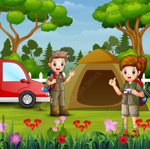 Cartoon kids in explorer outfit camping out in nature