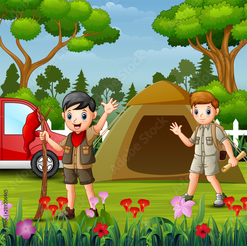 Summer camping with the scout boys and red car