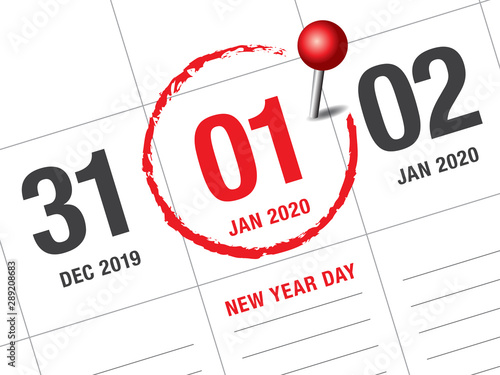 Close up of first day of the year 2020 on diary calendar.