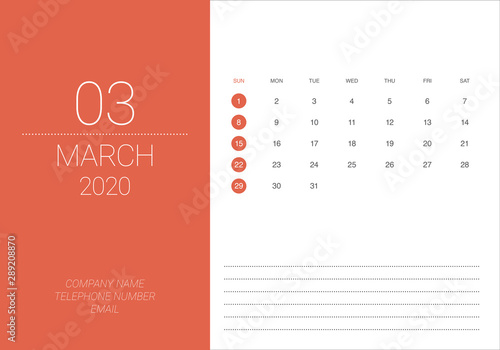 March 2020 desk calendar vector illustration