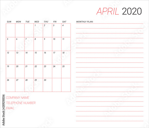 April 2020 desk calendar vector illustration