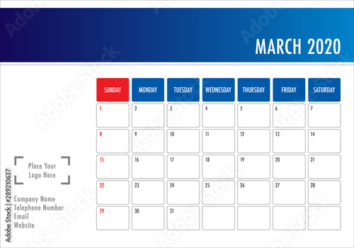 March 2020 desk calendar vector illustration