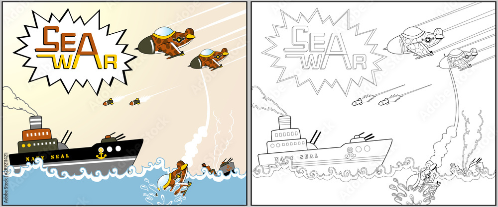 sea war cartoon, coloring page or book, vector cartoon illustration