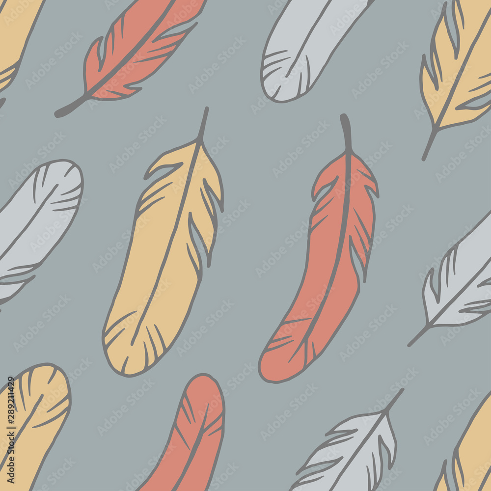 Fototapeta premium Vintage seamless pattern with original hand drawn feathers. Seamless pattern.