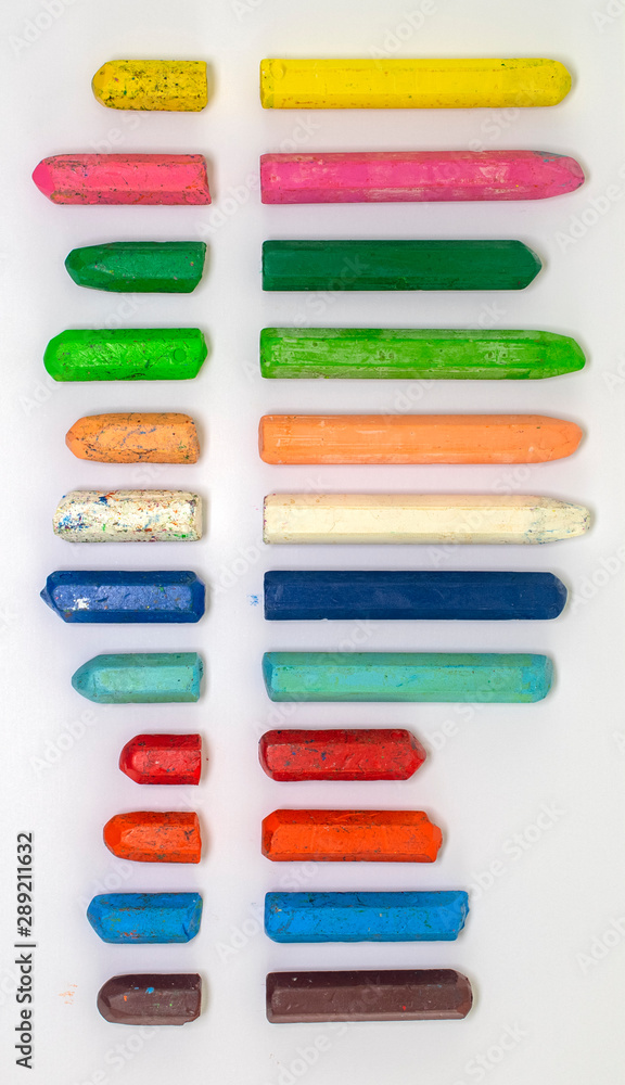 Top view of used oil crayons. Colorful oil pastels, isolated. Top view of used oil crayons. Colorful oil pastels, isolated.