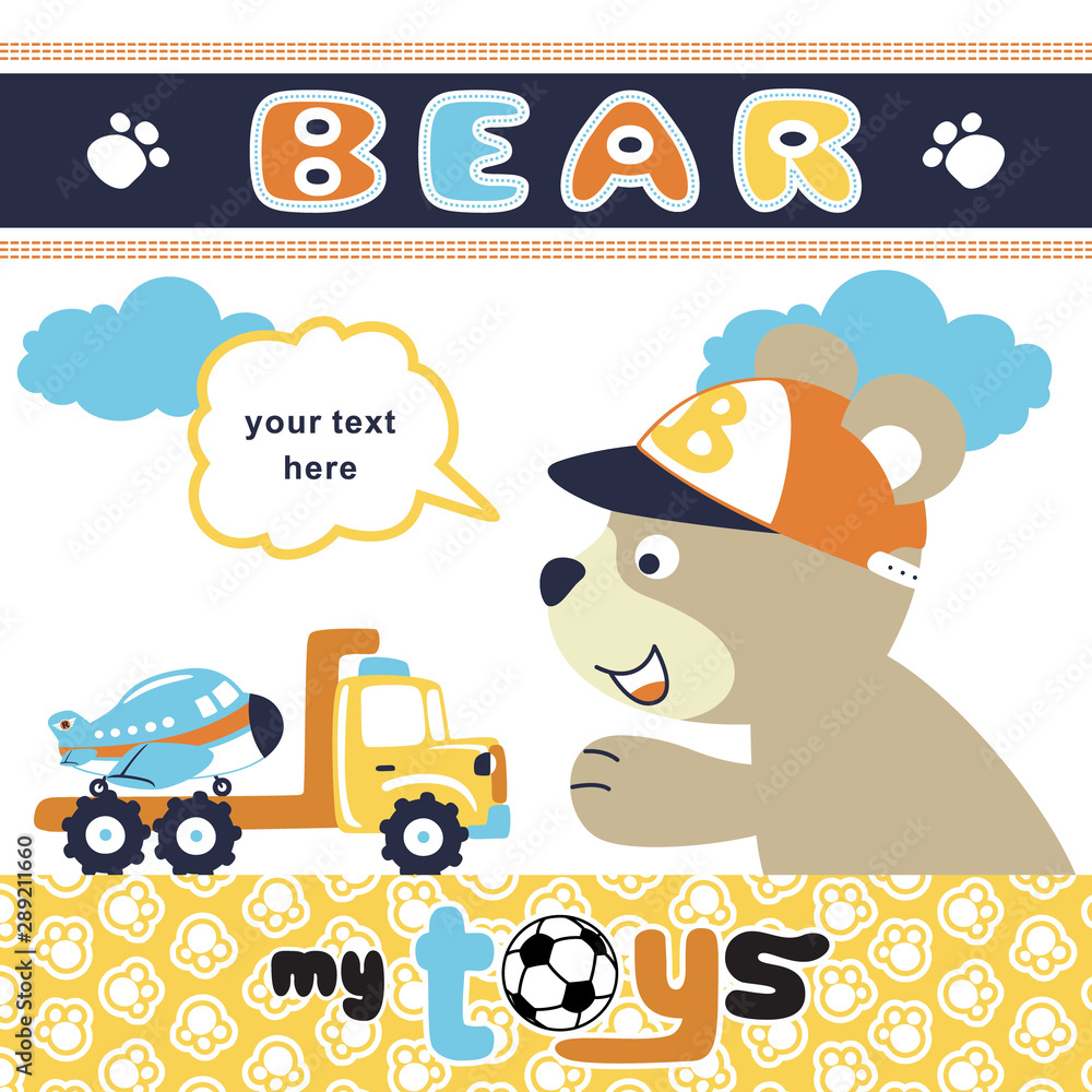 Obraz premium funny animals with its toys, bear playing time, vector cartoon