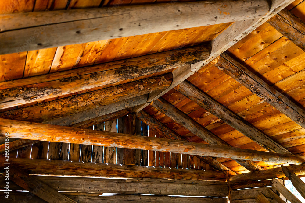 Independence Pass mining townsite wooden cabin interior with closeup of roof in White River National Forest in Colorado