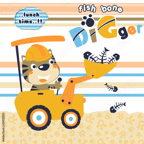 little cat drive a construction vehicle  collect fish bone  vector cartoon illustration