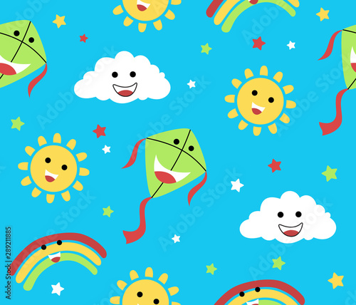 Fototapeta Naklejka Na Ścianę i Meble -  vector seamless pattern with sky object cartoon, happy summer with kite, sun, cloud, stars