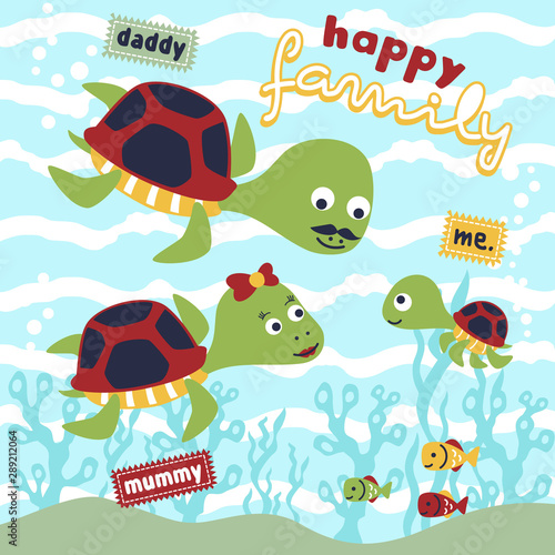 funny turtle family cartoon, marine animals life