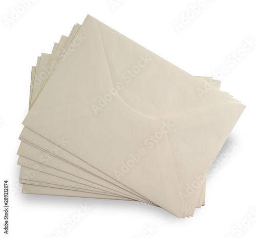 Stack of envelopes isolated on white background. Top view.