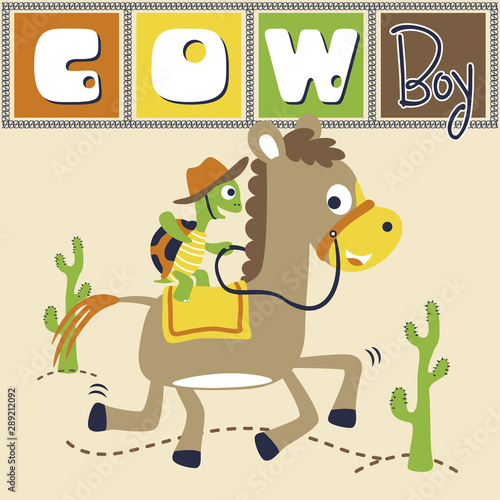 funny cowboy cartoon, turtle ride on horse