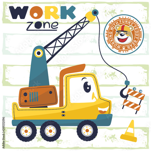 vector cartoon of funny crane truck with  smiling bear the worker