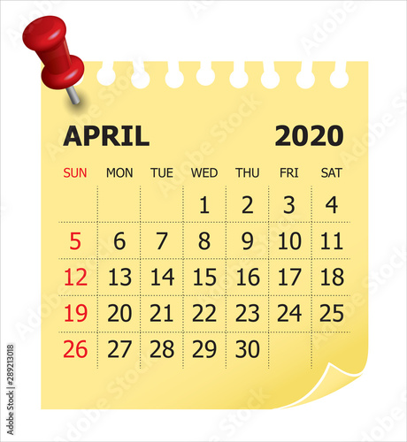 April 2020 monthly calendar vector illustration