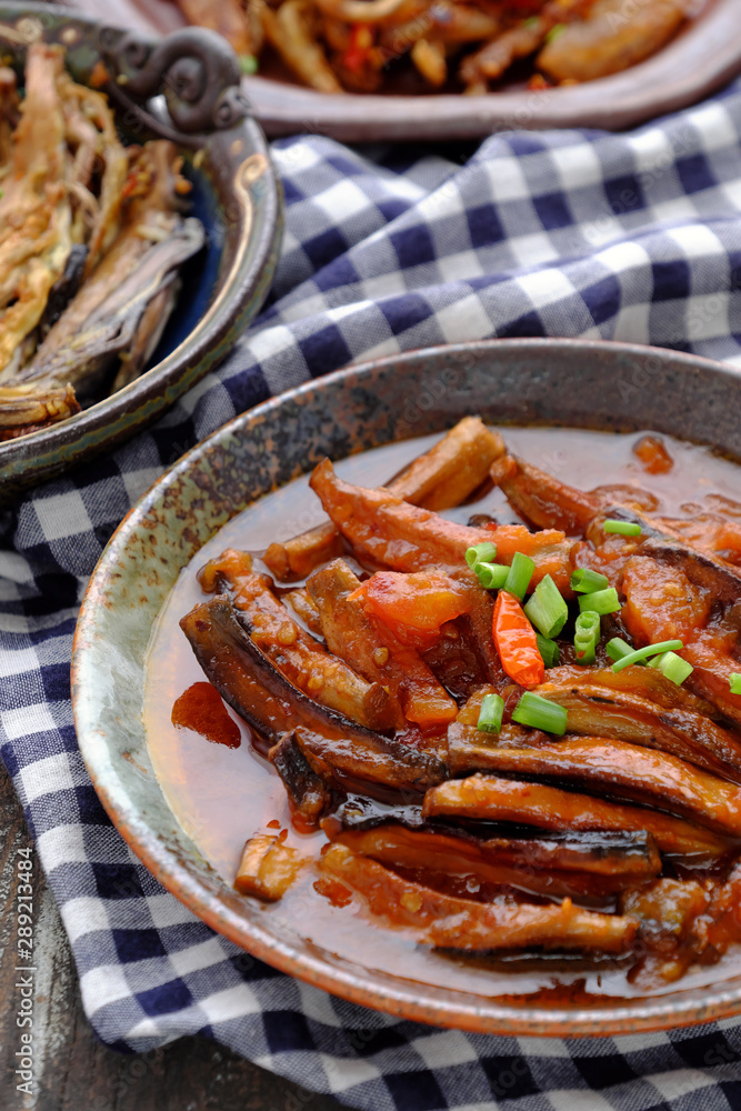 vegetarian food, banana flower vegan fish cook with soy sauce, coconut and tomato vegetarian food, banana flower vegan fish cook with soy sauce, coconut and tomato
