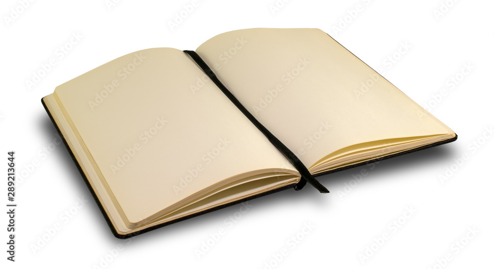 Open old blank notebook isolated on white background. Yellowish color paper, black bookmark and hardcover. Open old blank notebook isolated on white background. Yellowish color paper, black bookmark and hardcover.