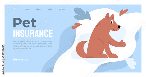 Vector illustration of cute healthy dog smiling and giving thumbs up. Design for Pet Insurance company or vet clinic, consultant. Pet care banner, poster, layout, flyer, landing page, website, advert.