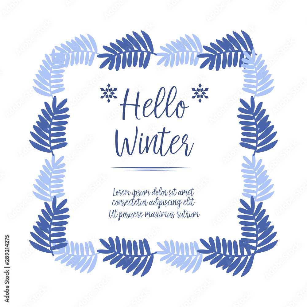 Template for card handwritten hello winter, with pattern of gold rose flower frame and blue leaves elegant. Vector