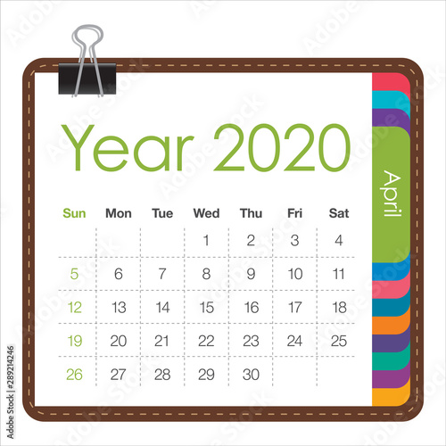 April 2020 monthly calendar vector illustration
