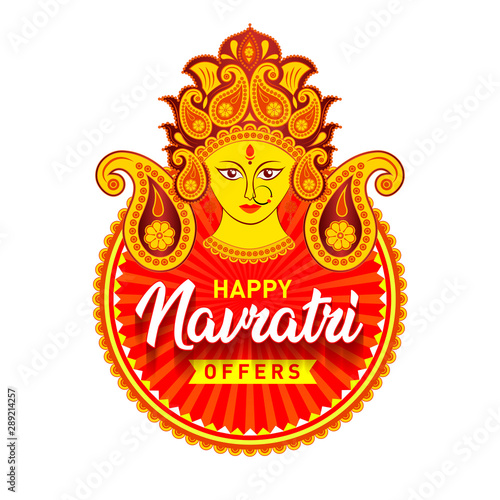 Sale Banner for Indian Festival of Navratri Celebration, Big Navratri Discount Sale Offer Logo design, Sticker, Concept, Greeting Card Template, Icon, Poster, Unit, Label, Web, Mnemonic with Durga Maa photo