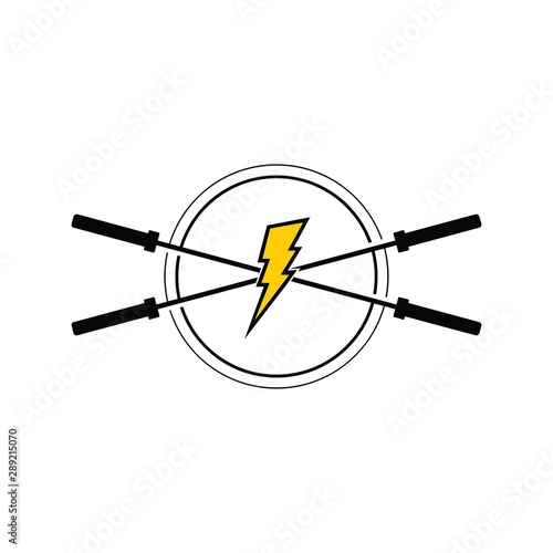 Gym power logo design idea with barbell kettle bell and thunder bolt energy symbol in negative space vintage look. Fitness and bodybuilding club logo template. Sport icon smart phone