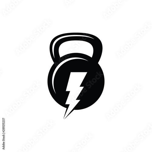 gym fitness logo with barbell kettle bell and thunder bolt storm strong power energy in middle
