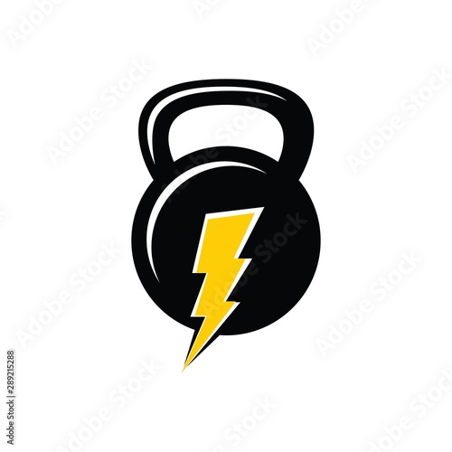 Gym power logo design idea with barbell kettle bell and thunder bolt energy symbol in negative space. Fitness and bodybuilding club logo template. Sport icon smart phone