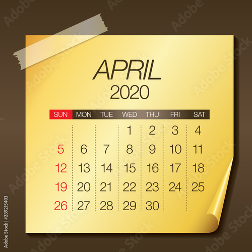 April 2020 monthly calendar vector illustration