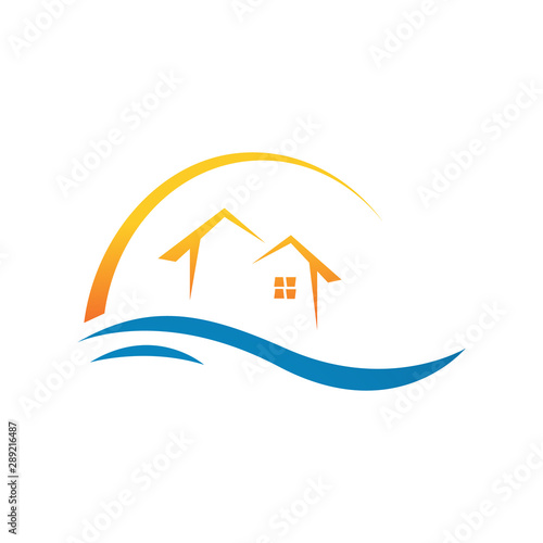 Creative Beach house logo design template Vector illustration