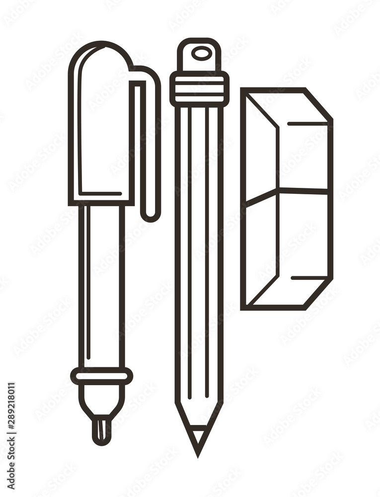 Pencil, pen and eraser isolated objects, school stationery, writing tools Pencil, pen and eraser isolated objects, school stationery, writing tools