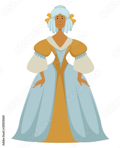 Woman in ball gown and wig with bows, Baroque fashion style