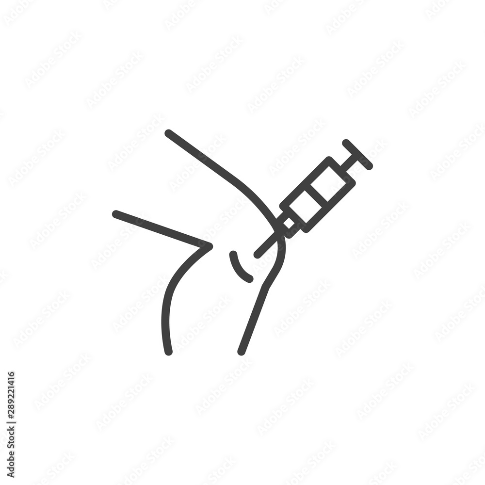 Knee injection line icon. linear style sign for mobile concept and web design. Medical orthopedic treatment outline vector icon. Symbol, logo illustration. Vector graphics Knee injection line icon. linear style sign for mobile concept and web design. Medical orthopedic treatment outline vector icon. Symbol, logo illustration. Vector graphics