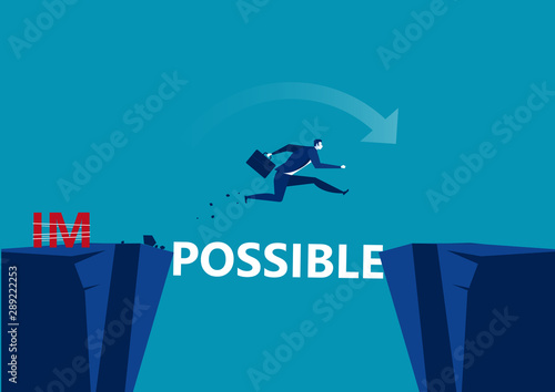 Business conquering obstacles challenge possible concept. Businessman taking risk jumping over gap, vector illustration