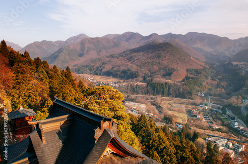 Kaisando hall roof and village view at Yamadera Risshaku ji temple, Yamagata - Japan photo