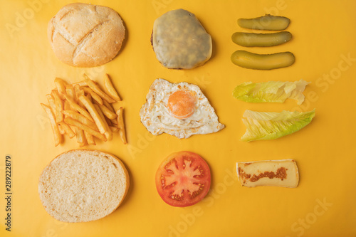 Ingredients for making hamburger on yellow background