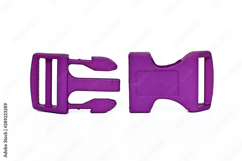 Fototapeta premium Single opened purple quick side release plastic buckle isolated on white background
