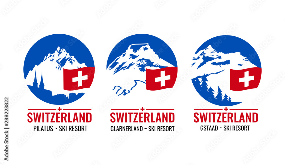 Logo collection for ski and snowboard resorts in Switzerland. Decorative fonts and simple colors. Vector illustration. Logo collection for ski and snowboard resorts in Switzerland. Decorative fonts and simple colors. Vector illustration.