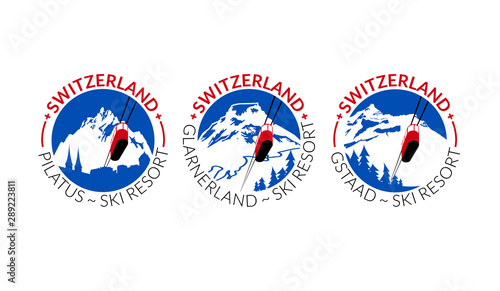 Logo collection for ski and snowboard resorts in Switzerland. Decorative fonts and simple colors. Vector illustration.